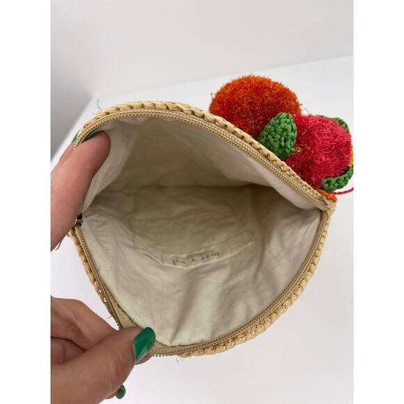 MAR Y SOL Tan Straw Raffia Fruit Embellished Round Zip Up Clutch Handbag - Picture 4 of 6